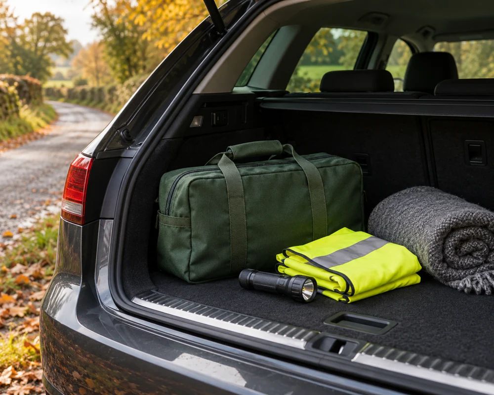 A travel equipment bag and high visibility vest in a car boot