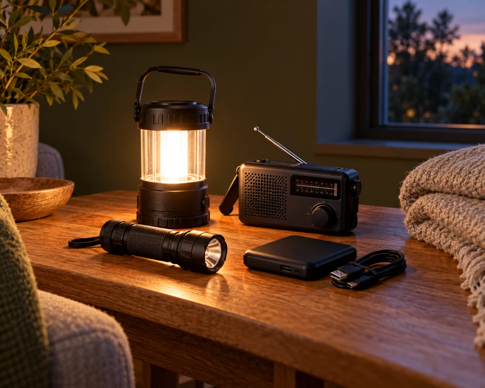 A lantern casting a warm light on household preparedness essentials