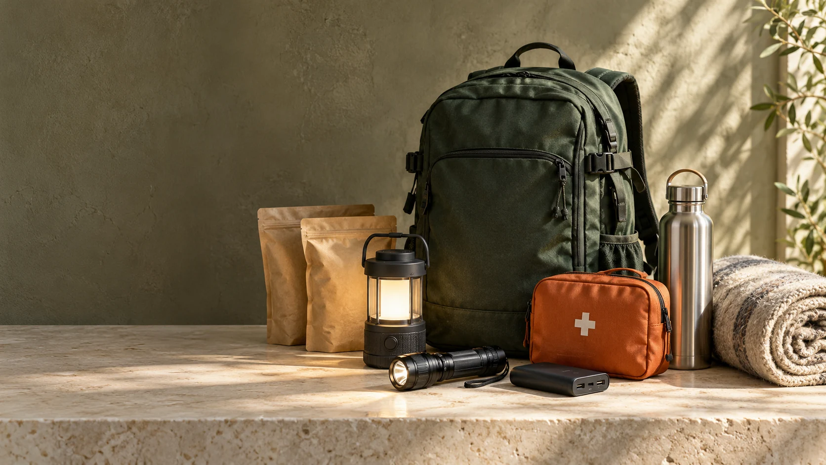 Emergency preparedness essentials with a green backpack, lantern, first aid pouch and water bottle