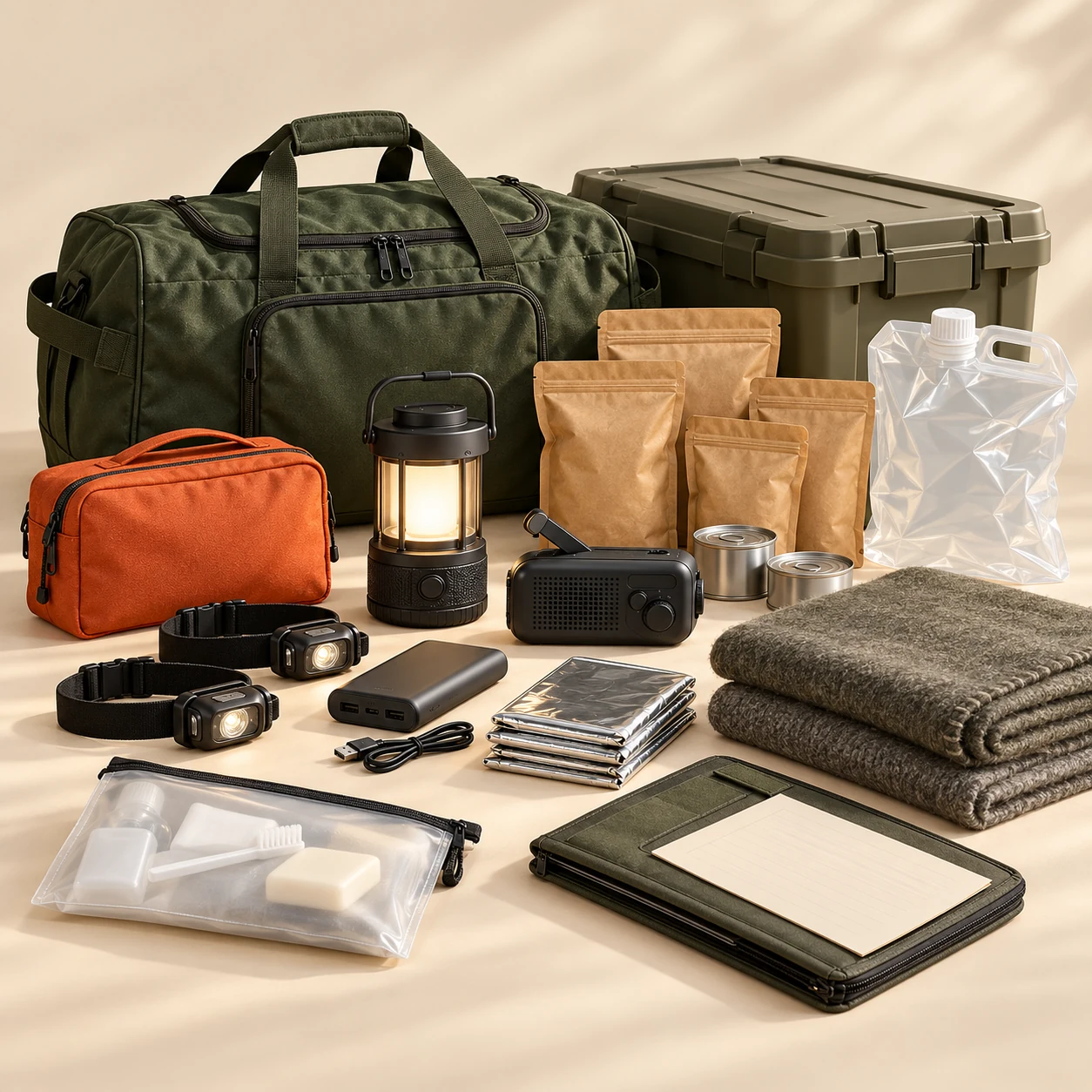 Illustrative household preparedness kit with green carry bag, storage crate, radio, lighting and representative supplies