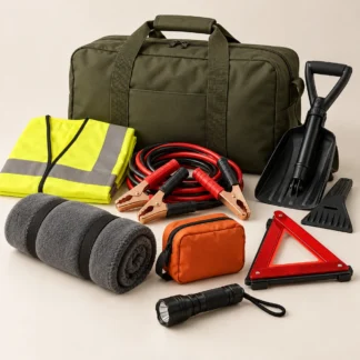 Illustrative car and winter kit with carry bag, high visibility vest, jumper cables and blanket
