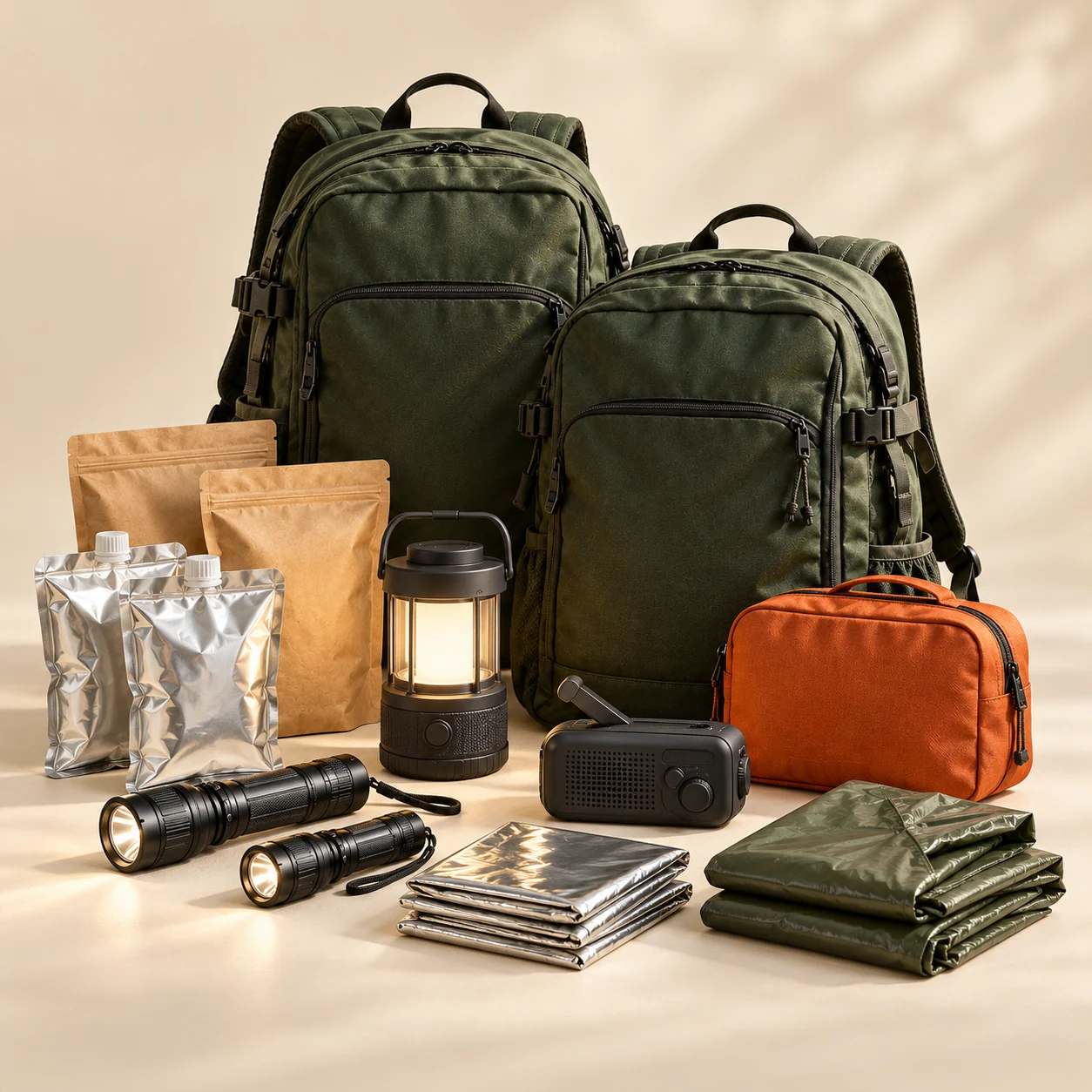 Illustrative family emergency kit with two green backpacks and household preparedness essentials