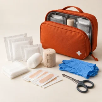 Illustrative first aid case with packaged dressings, bandages and gloves