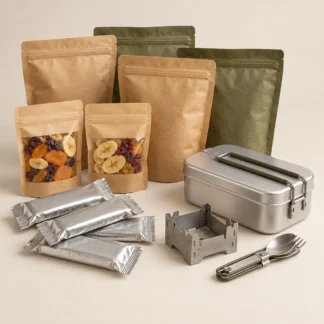 Illustrative emergency food pack with sealed meal pouches, ration packs and mess tin