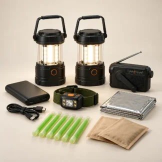Illustrative power cut kit with two lanterns, emergency radio, power bank and head torch