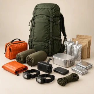 Illustrative two-person preparedness backpack with packed shelter, lighting and food supplies
