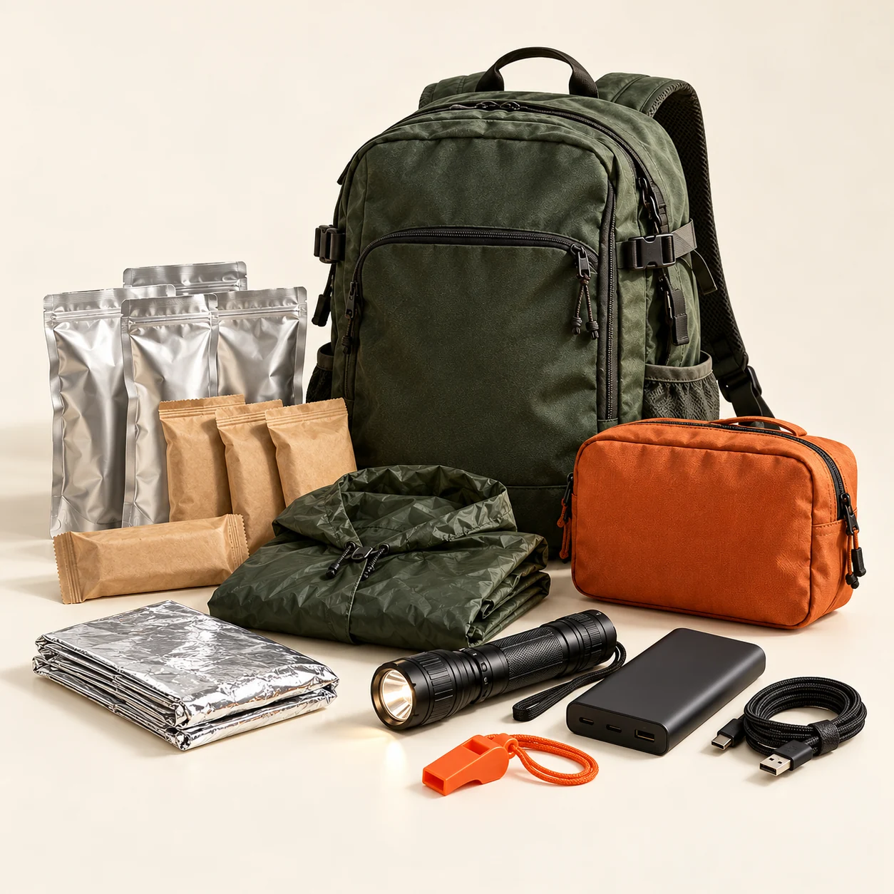 Illustrative one-person emergency kit with a green backpack, first aid pouch, torch and packed supplies
