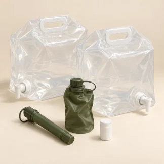 Illustrative water pack with collapsible carriers, filter straw and bottle